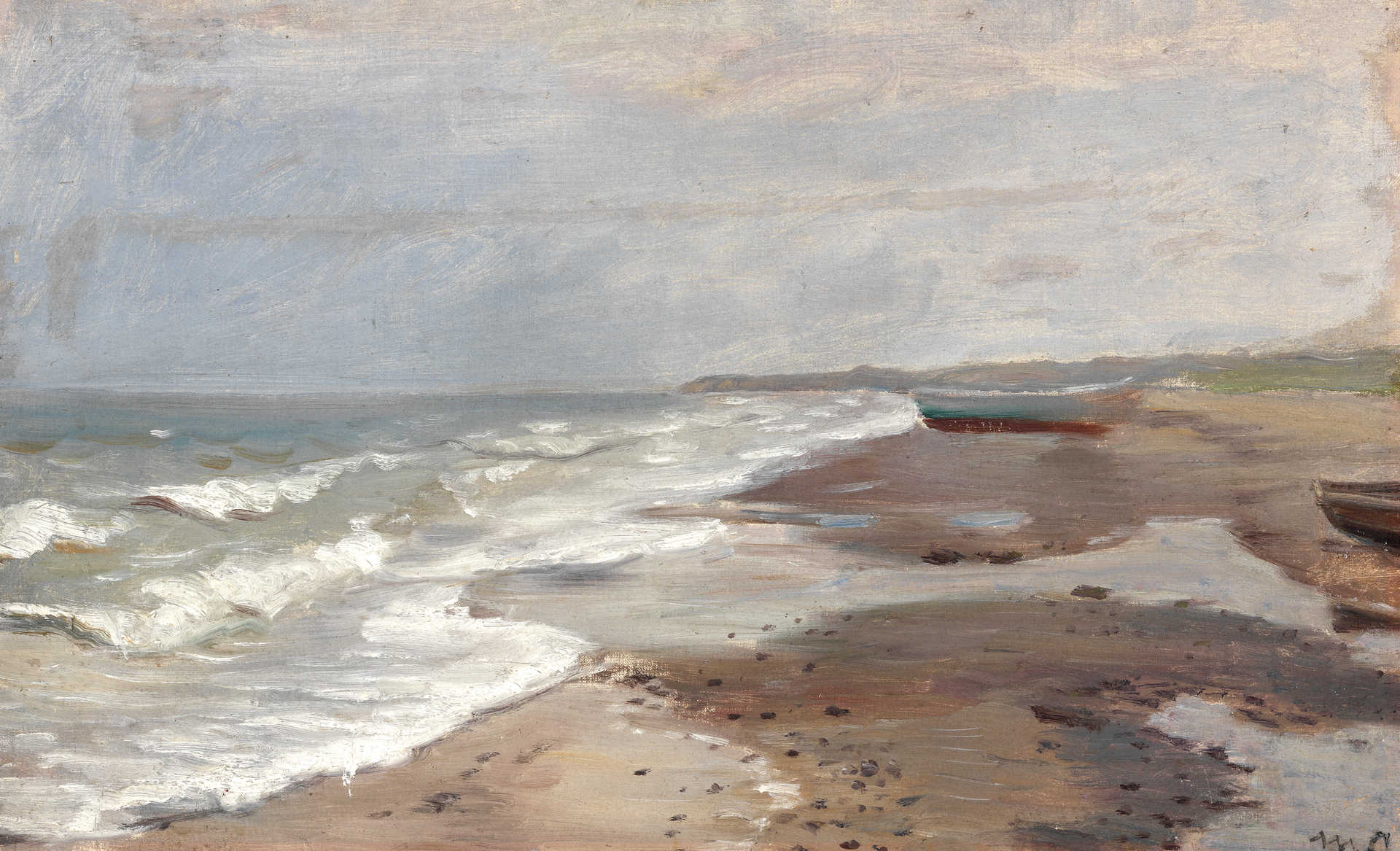 Vue côtière depuis la plage de Skagen avec des bateaux de pêche sur le rivage. - Michael Peter Ancher image 1 copie peinte à la main à l’huile