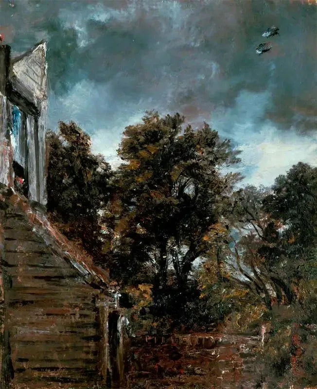 Blick in einen Garten, mit einer Scheune links - John Constable