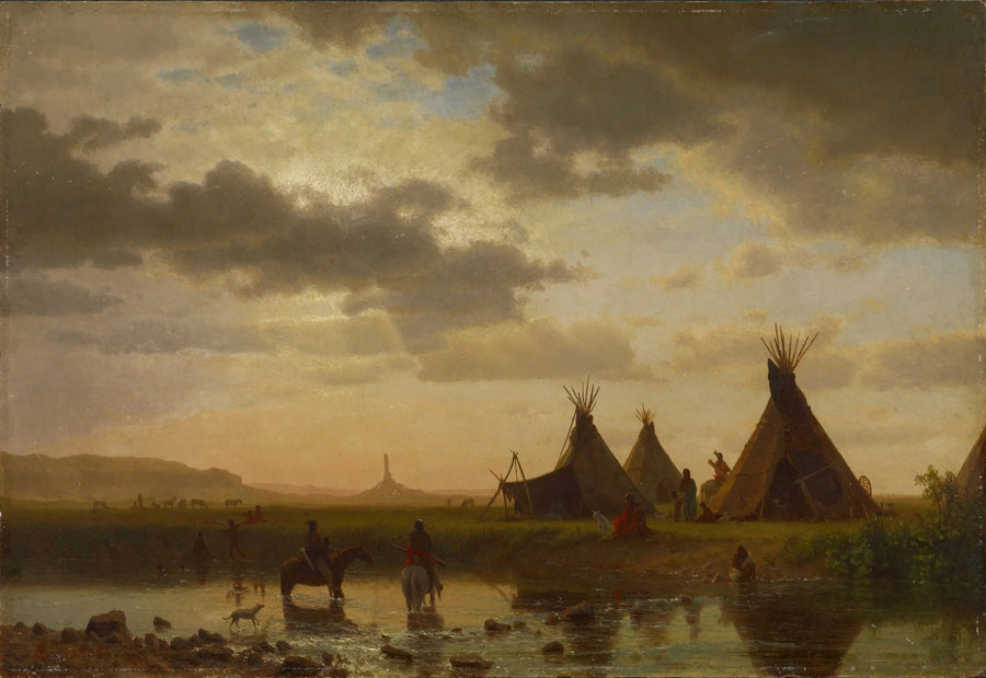 Blick auf Chimney Rock, Sioux-Dorf Ohalilah im Vordergrund - Albert Bierstadt