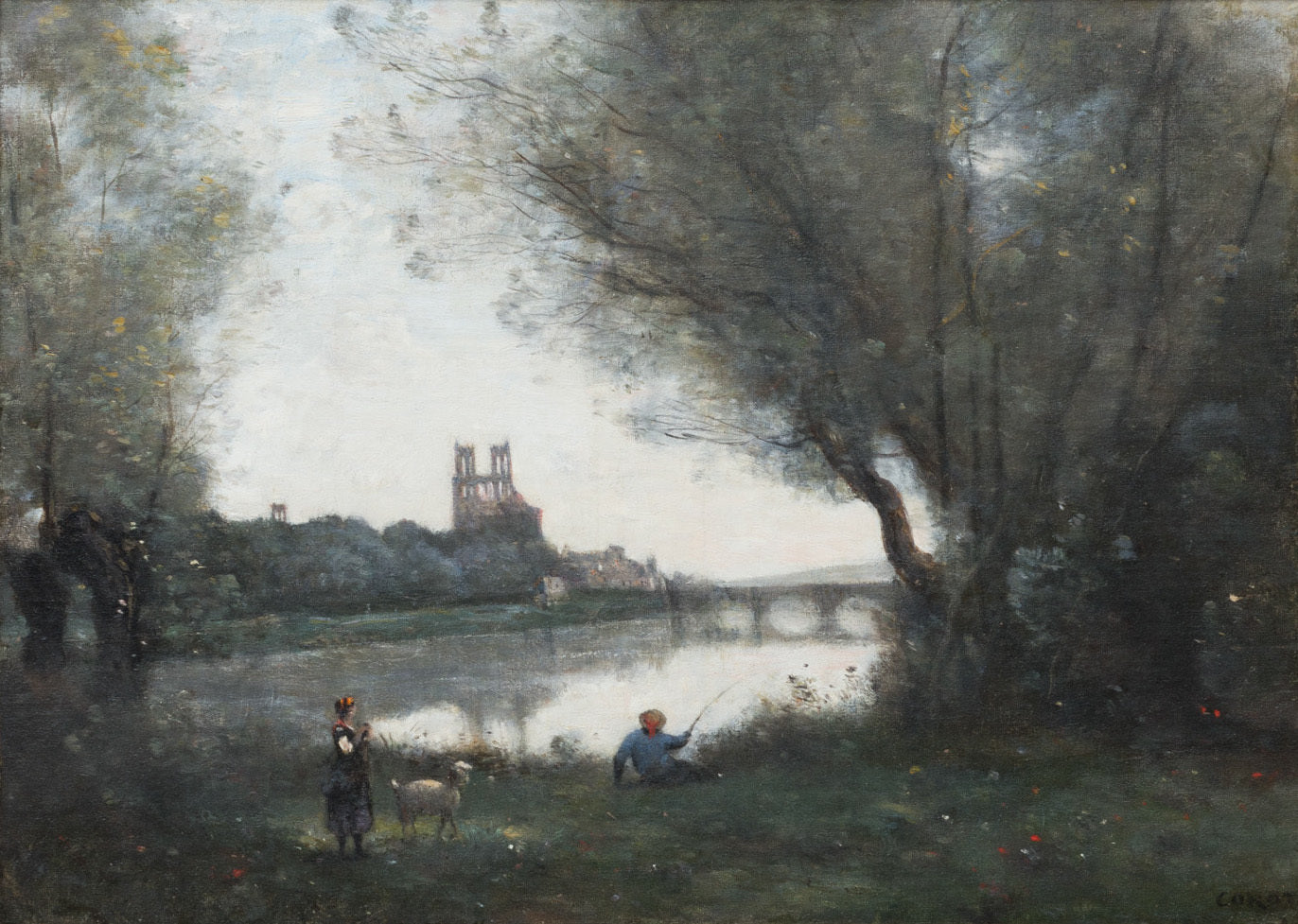 Blick auf die Kathedrale und die Brücke von Mantes, mit einem Schäfer und einem Fischer - Jean-Baptiste Camille Corot