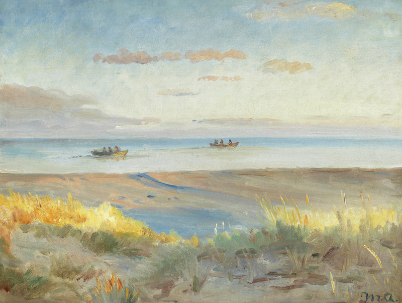 Blick auf den Strand von Skagen bei Sonnenuntergang. Fischer in Ruderbooten auf dem Meer. – Michael Peter Ancher