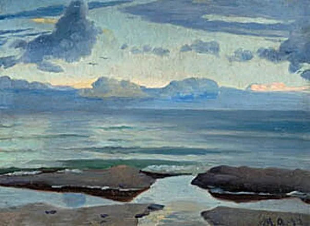 Blick auf den Strand von Skagen mit Möwen am Horizont, früher Abend. – Michael Peter Ancher