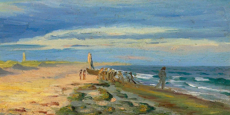 Blick auf den Strand von Skagen mit Menschen an Bord eines Bootes. Im Hintergrund ist der Leuchtturm von Skagen zu sehen. – Michael Peter Ancher