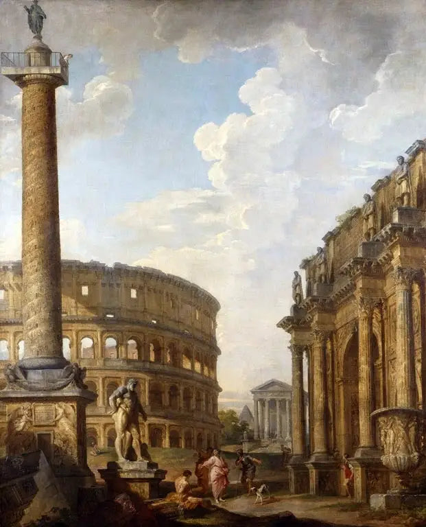 Blick auf den Caprice mit der Trajan-Säule und den römischen Ruinen - Giovanni Paolo Panini