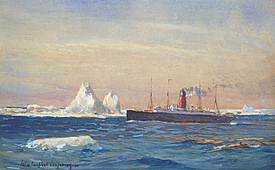 Blick auf die Carpathia, die nach der Rettung von Überlebenden der Titanic an Eisbergen vorbeifährt – Colin Campbell Cooper