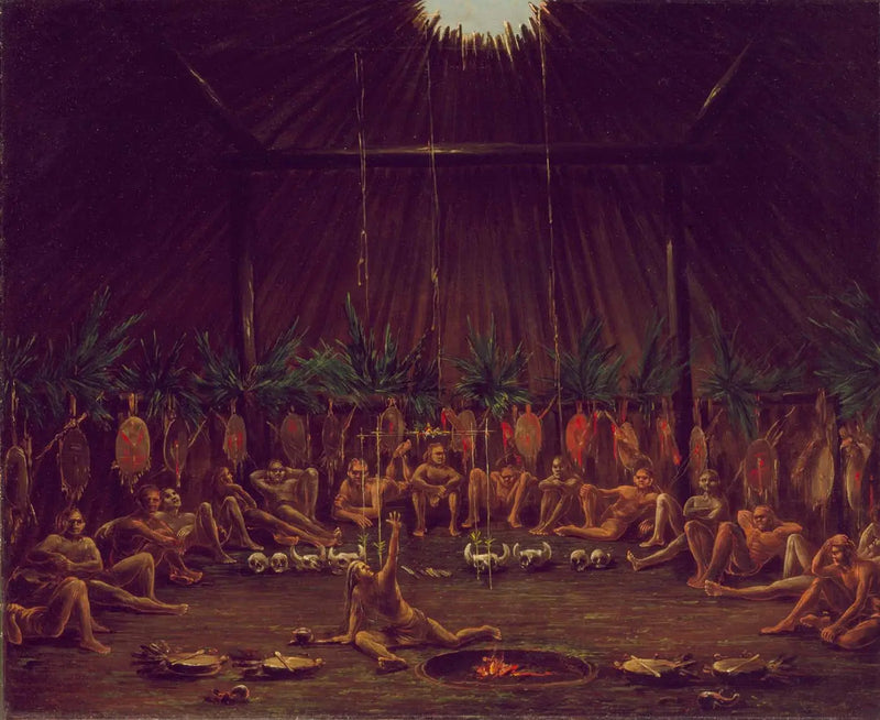 Inneneinblick des Medicine Lodge, Mandan O-kee-pa Zeremonie - George Catlin