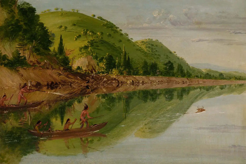 Blick auf den Fluss Saint-Pierre, Sioux-Indianer, die in ihren Kanus einem Hirsch nachjagen - George Catlin