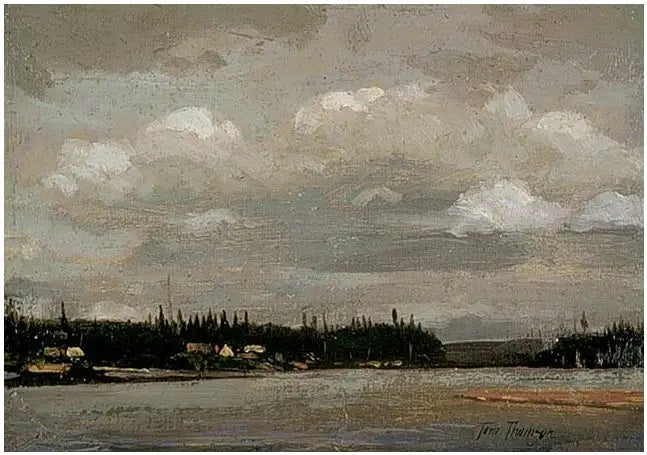 Blick auf einen See: Ufer mit Häusern - Tom Thomson