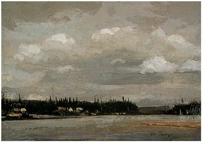 Blick auf einen See: Ufer mit Häusern - Tom Thomson