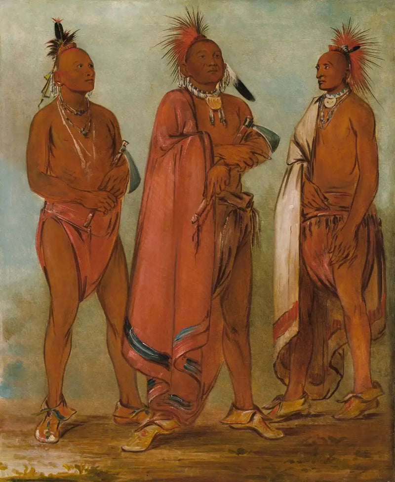 Wa-másh-ee-sheek, Celui qui enlève ; Wa-chésh-uk, La guerre ; Mink-chésk, Drei junge Männer distingués - George Catlin