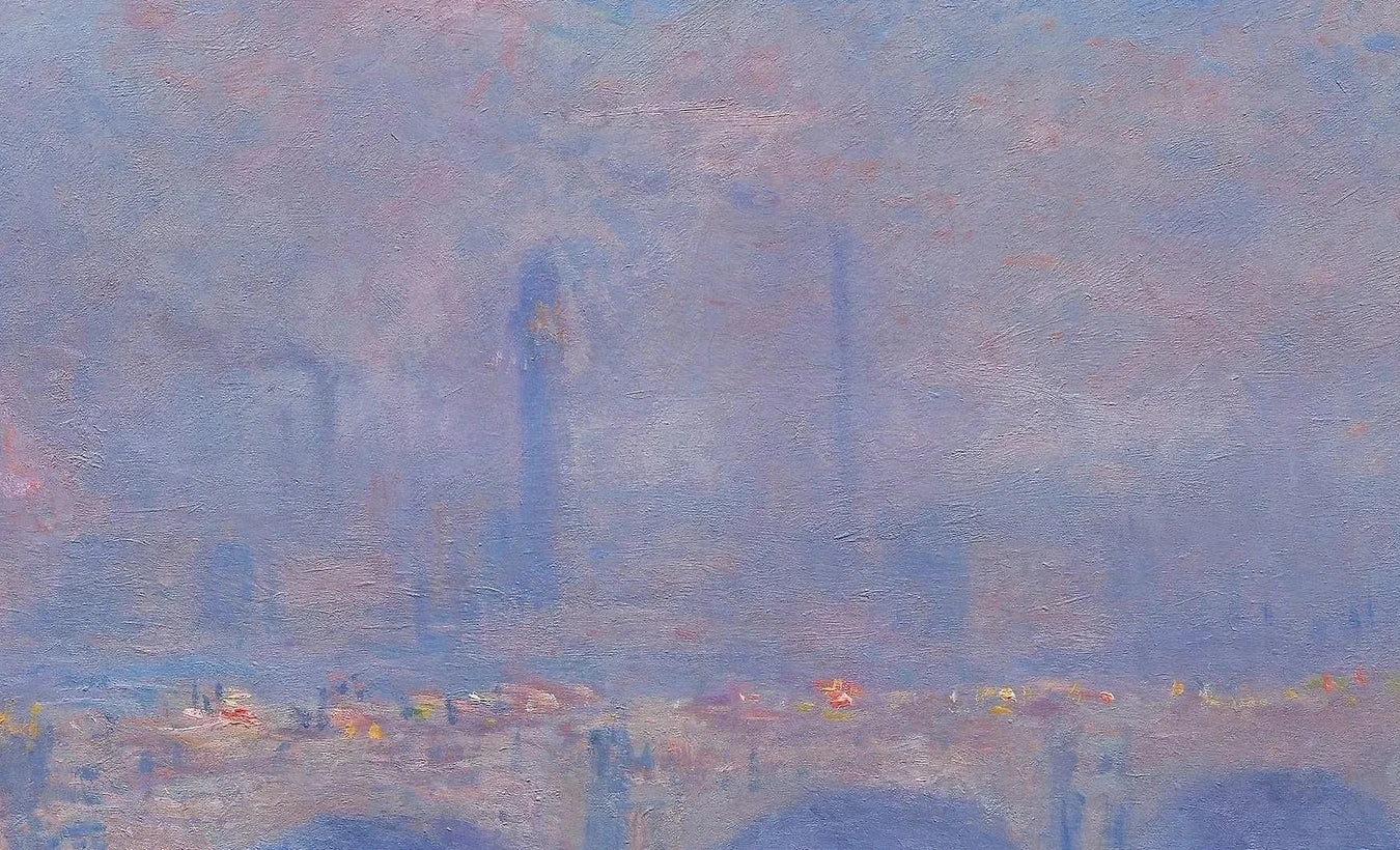 Détail de la brume violette, des cheminées et de la lumière sur la Tamise