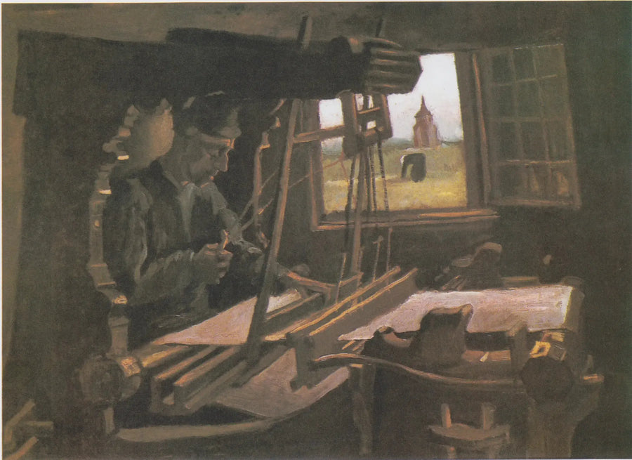Weber vor einem offenen Fenster mit Blick auf den Turm von Nuenen - Vincent van Gogh