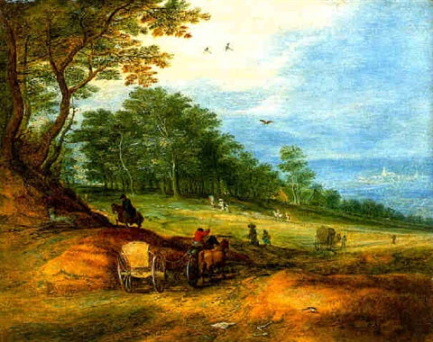 Wooded Landscape with Horse-Drawn Carts, Riders and Peasants - Jan Brueghel le Jeune image 1 reproduction artisanale de tableau